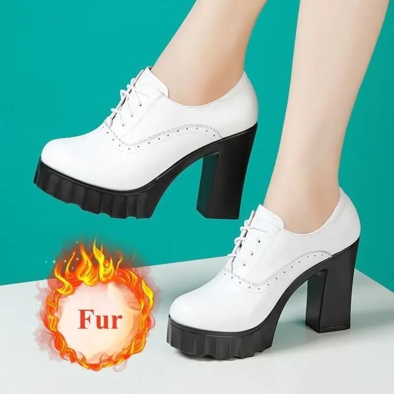 

10cm Small Size 32-43 Quality Genuine Leather Shoes Deep Mouth Oxfords with Fur 2025 Fall Block High Heels Pumps Platform Model 32