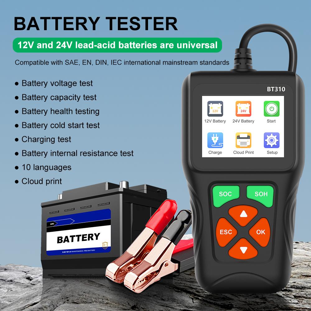 24V automotive battery tester with 12V battery inspection capability, universal for motorcycle/yacht batteries