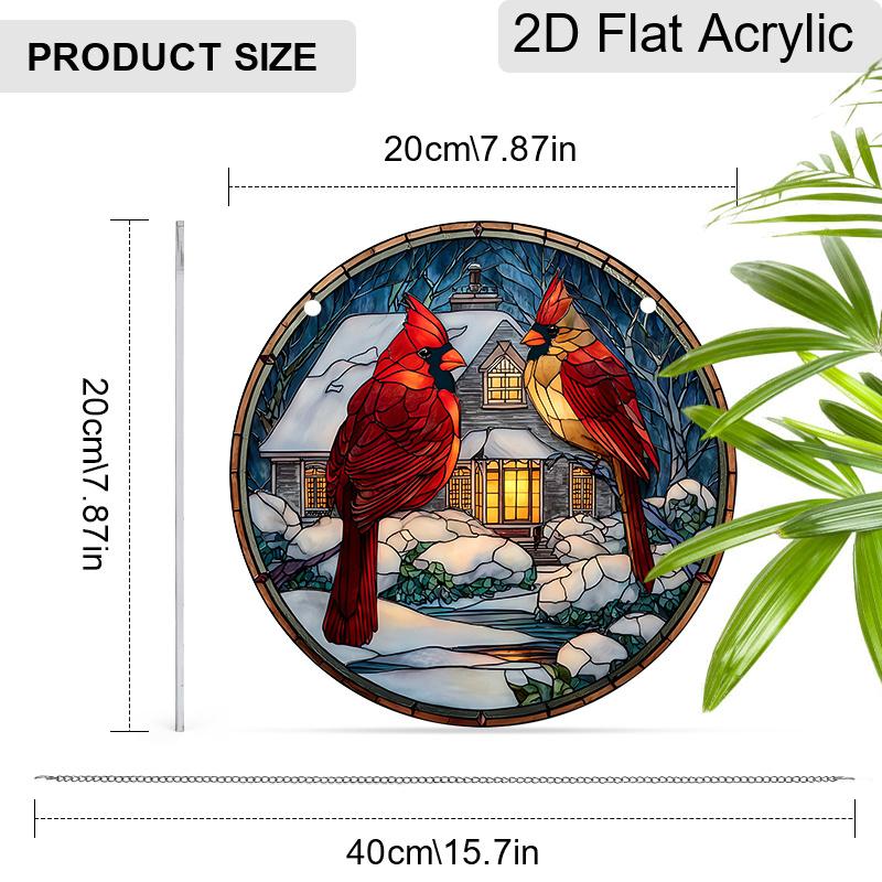 Acrylic Winter Cardinals with Snowy Cabin Suncatcher, Stained Glass Effect Window Hanging Ornament for Christmas & Nature Lover Gifts