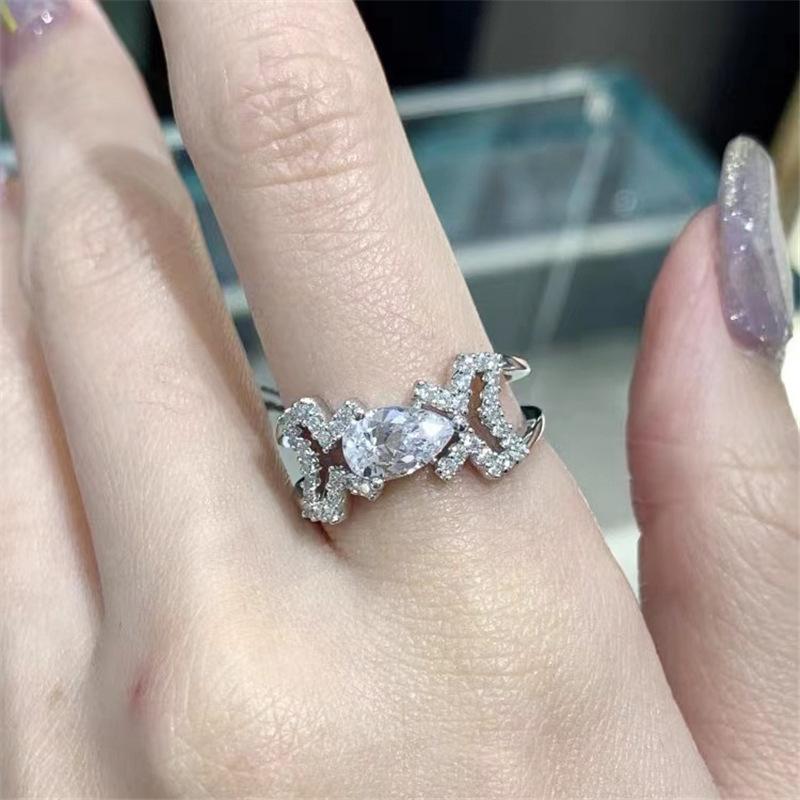 Korean-Style Micro-Paved Diamond Water Drop Ring for Women - Versatile, Fashionable, and Trendy. Adjustable