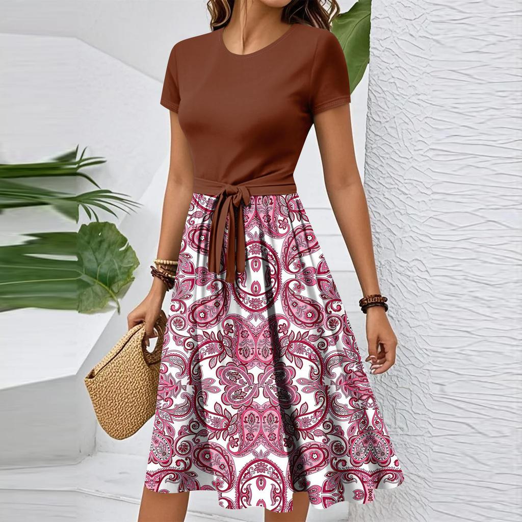 Damen Casual Mode Gürtel Vintage Bedruckt Kurzarm Rundhals Elegantes Kleid