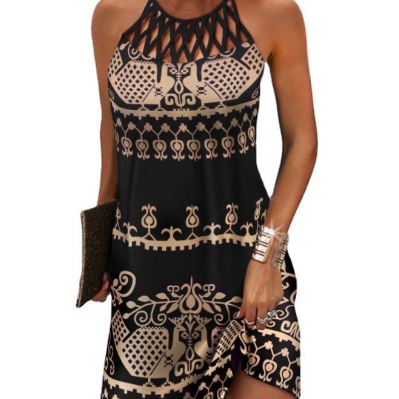 European and American Spring and Summer New Ethnic Style Positioning Printing Mesh Belt Sleeveless Casual dress Women's Clothing