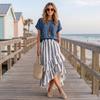 Women Casual Two Piece Set Round Neck Short Sleeve Top Layered Ruffle Hem Striped Skirt Summer Outfit