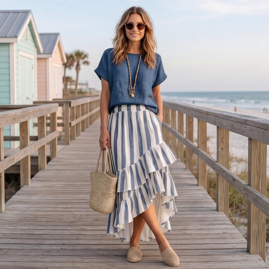 Women Casual Two Piece Set Round Neck Short Sleeve Top Layered Ruffle Hem Striped Skirt Summer Outfit