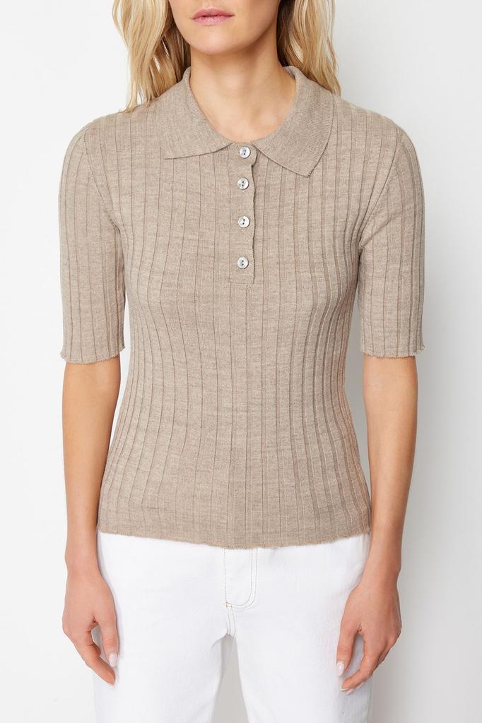 Women's Fashionable Stylish Sweater Mink Basic Polo Neck T-Shirt Look Knitwear Sweater