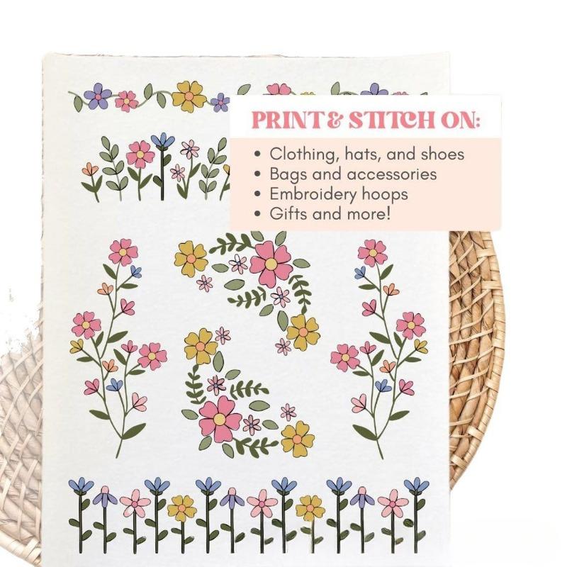 Hand Sewing Self Adhesive Water Soluble Washable Stabilizer with Pre-Printed Flowers Graphic for Beginner Embroidery Hand Sewing