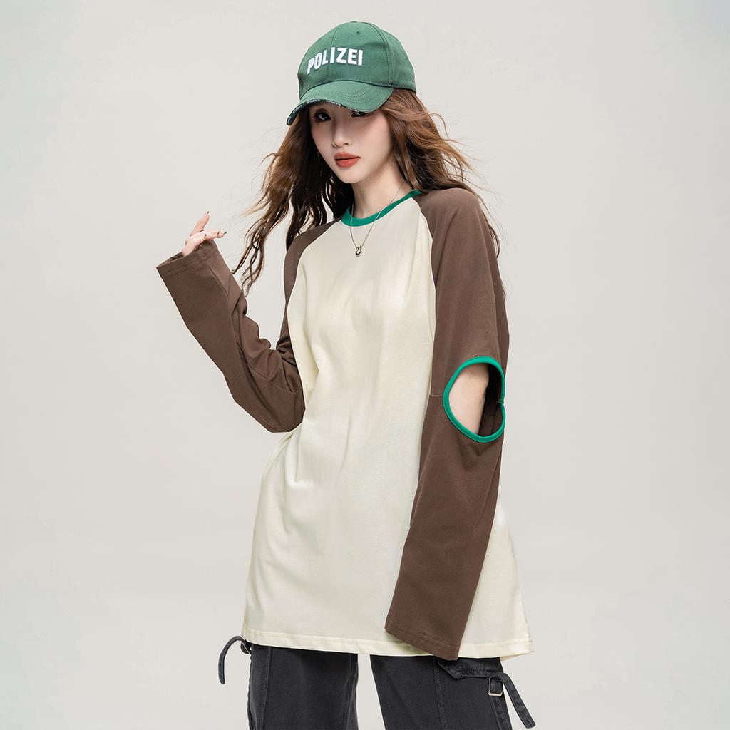Hollow out design: Spring and Autumn fashion raglan sleeves contrasting color round neck T-shirt cool and cool casual loose top
