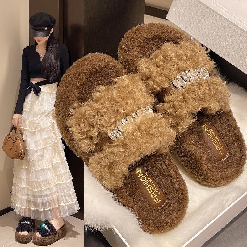 Lamb Wool Slippers Women's 2025 Autumn and Winter New Slope Heel Muffin Thick Bottom Outer Wear One Word High Heel Cotton Drag Tide
