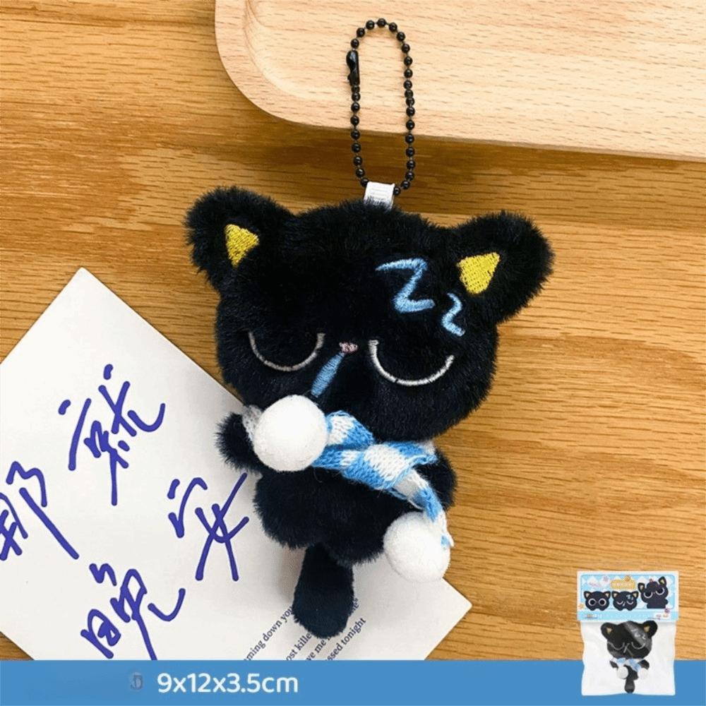 Sleepy Black Cat Plush Keychain Soft Car Key Ring New Bag Charms School Bag Decoration