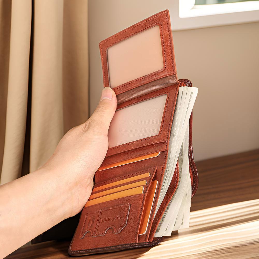 Men's Vintage Cowhide Wallet, RFID Protection Short Multi-Functional ID Card Credit Card Holder Top Layer Cowhide Money Bag 2 ID Card Windows