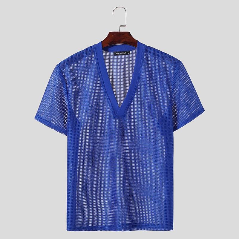 INCERUN Topuri cu mânecă scurtă scobite pentru bărbați Tricouri pentru petrecere pe plajă cu decolteu în V adânc