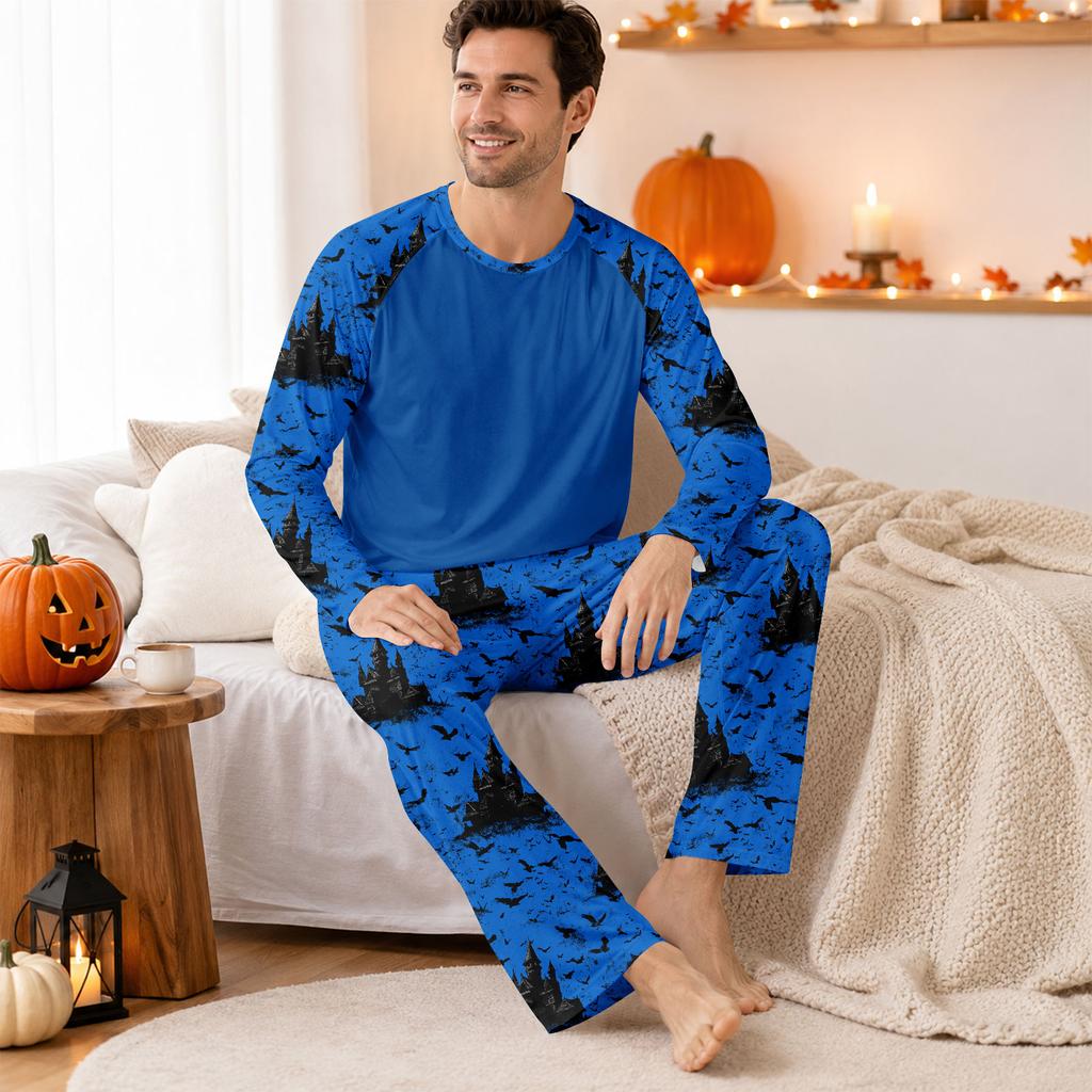Men's Halloween Pajama Set with Long Sleeve Round Neck Top and Pants for Comfortable Sleep