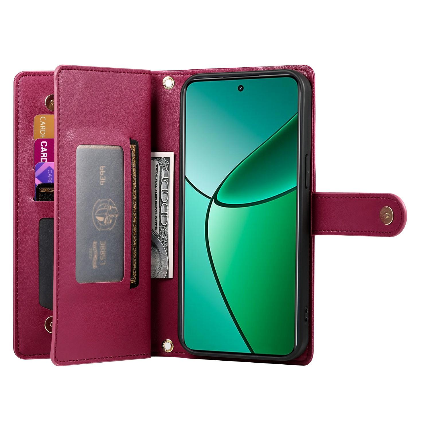 

DF-011 For Realme 14 5G Case Zipper Pocket Wallet Leather Phone Cover with Straps Red