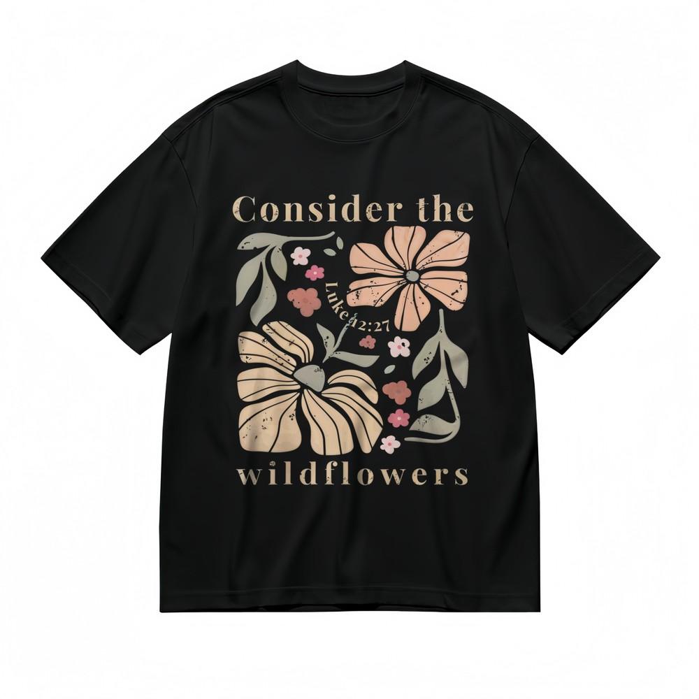 

Women s T-shirt With The Wild Flowers Graphic Unisex Black 100% Cotton Tops USA S