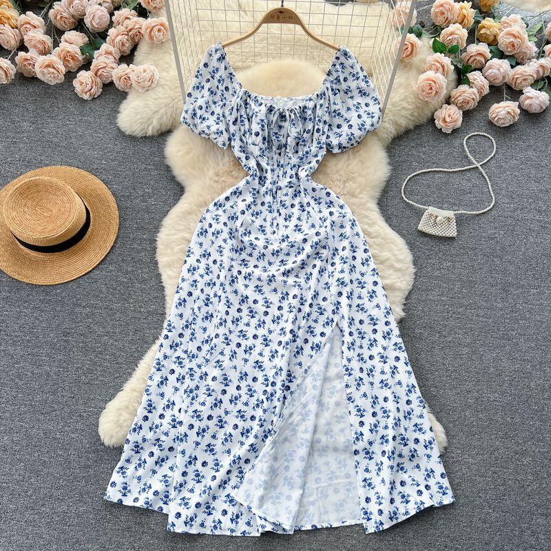 Puff Sleeves Summer Slimming Mori Style Split Dress