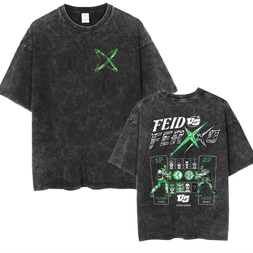Mens Tshirt Retro Washed Feid Vs Ferxxo Tour Logo Merch T Shirts Mens Gothic Fashion Cotton Tee Hip Hop Streetwear