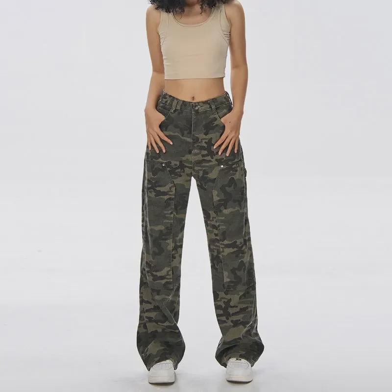 Women's Army Green Camo High-Waist Wide-Leg Jeans - Summer Casual Hip-Hop Style