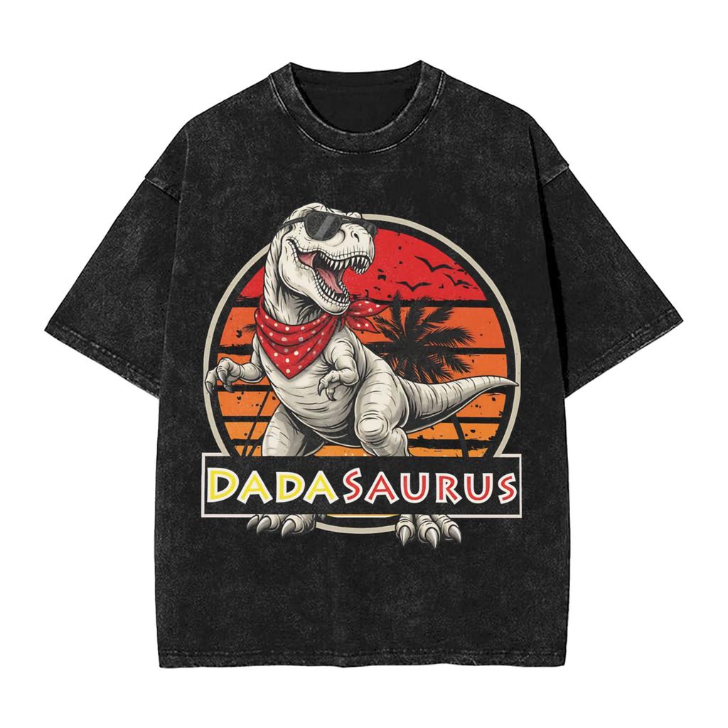 Papasaurus Washed TShirt Mens Vintage Casual TShirts Summer Crew Neck Novelty Tee Shirt Simple Oversized Clothing