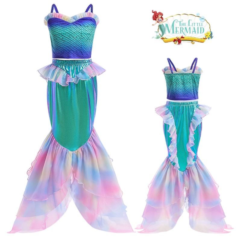 Girls Mermaid Cosplay Swimwear Set With Lace Splice And Halter Neck Skirt