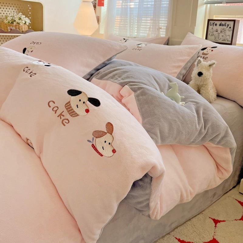 Ins Cute Cartoon Milk Fleece Bedding Set Winter Flannel Duvet Cover Sheet