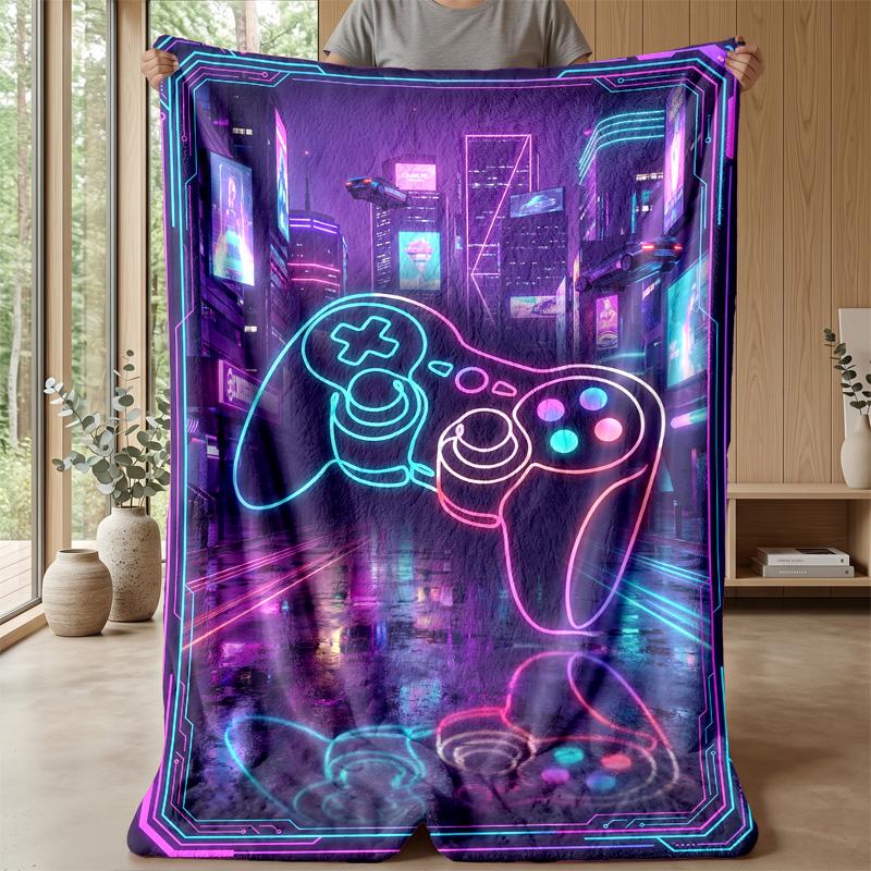 Cyberpunk Game Controller City Blanket Personalized Name Flannel Blanket Soft Cozy Plush Throw for Sofa Bed Lightweight Home Decor