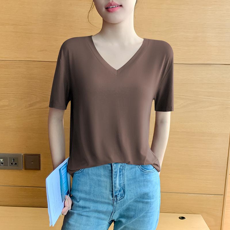 Short Sleeve Black Facial Mask T-shirt Female Summer V-neck New Ice Silk Low Neck Loose Spring and Autumn Top JS