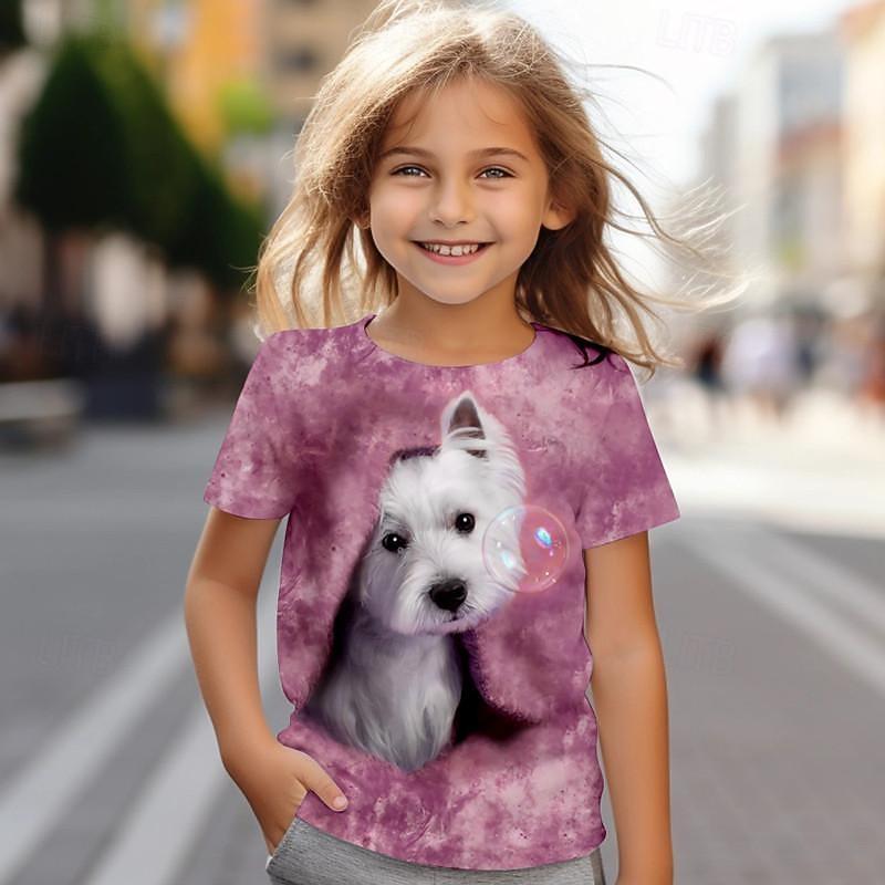 Girls  3D Dog Tee Shirt Pink Short Sleeve 3D Print Summer Active Fashion Cute Polyester Kids 4-12 Years Crew Neck Outdoor Casual Daily Regular Fit 110cm
