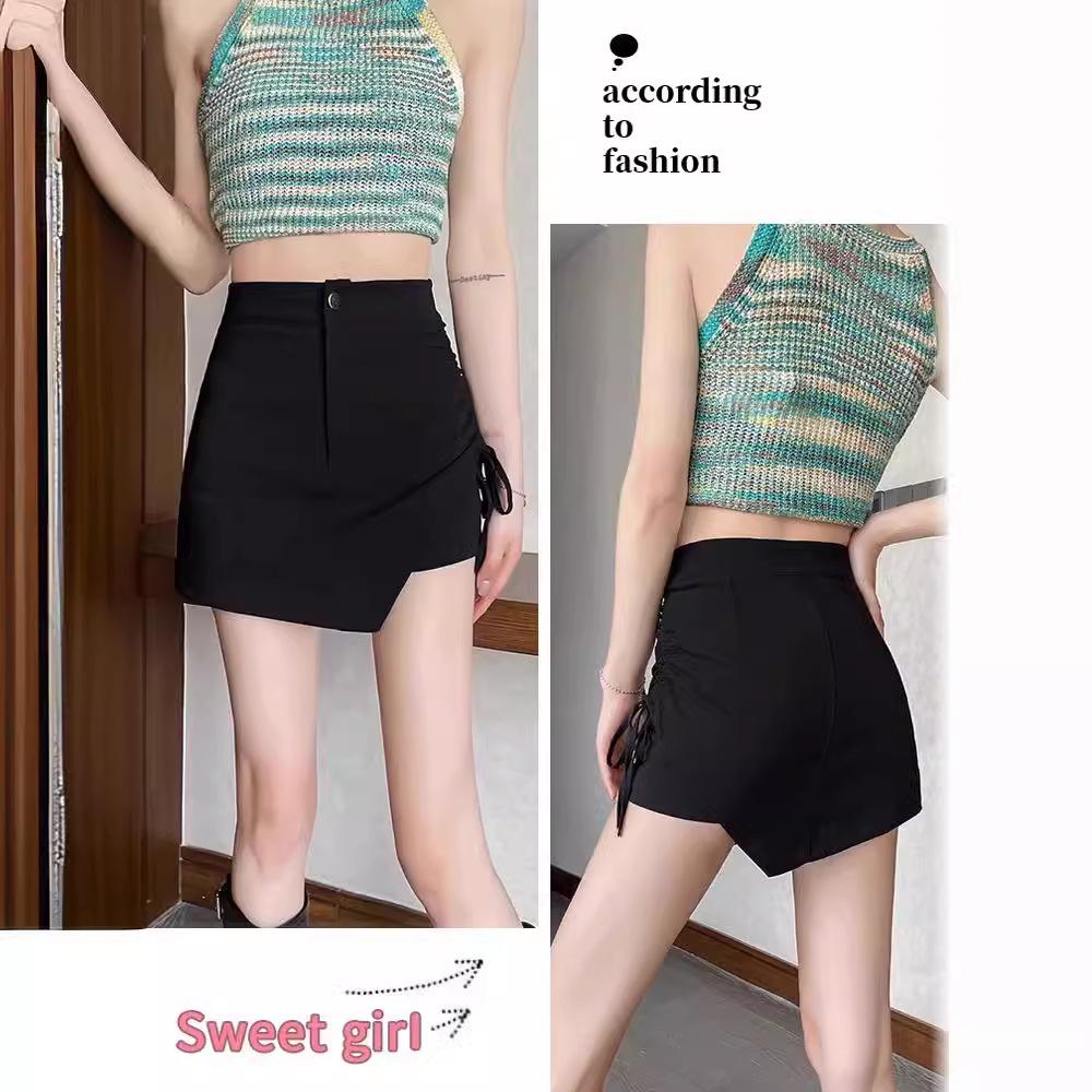 2024 Damen Schwarzer High Waist A-Linien Plissierter Kurzer Rock mit Kordelzug