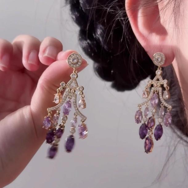 French light luxury purple water drop flash diamond fringed earrings fashion high sense celebrity style temperament niche design earrings