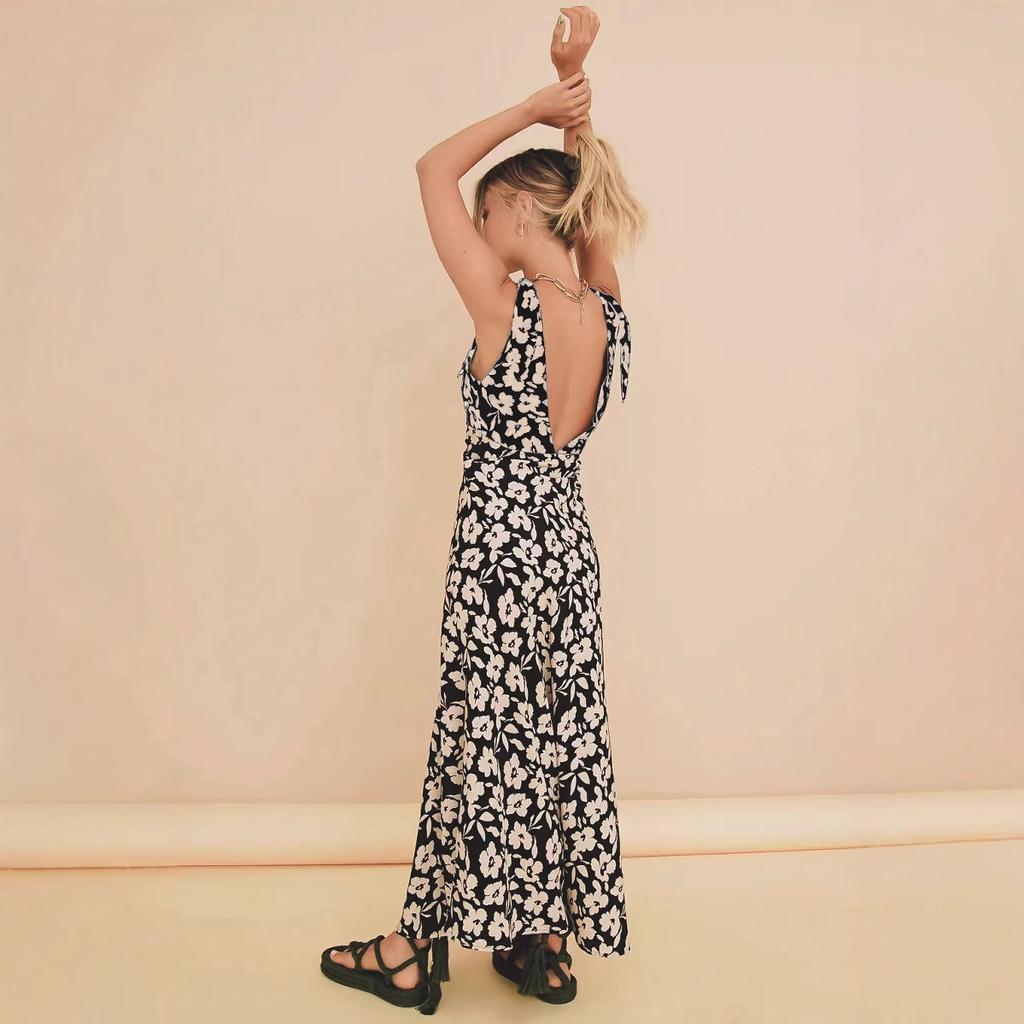 Women's Boho Floral Beach Dress Sleeveless Summer Deep V  Neck Maxi Dress Casual Smocked Flowy A-Line  Sundress Party Long Dresses for Women