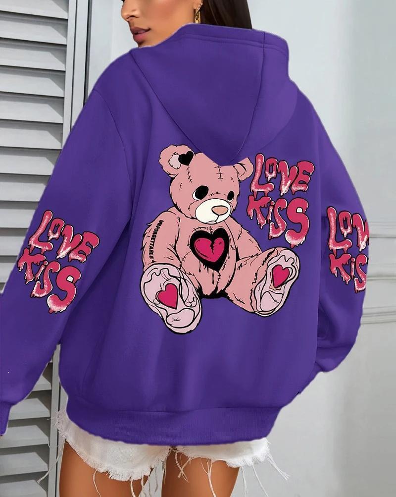 Women's Pink Love Kiss Letter Print Hoodie - Autumn Casual Loose Fit Fleece Pullover with Pocket.