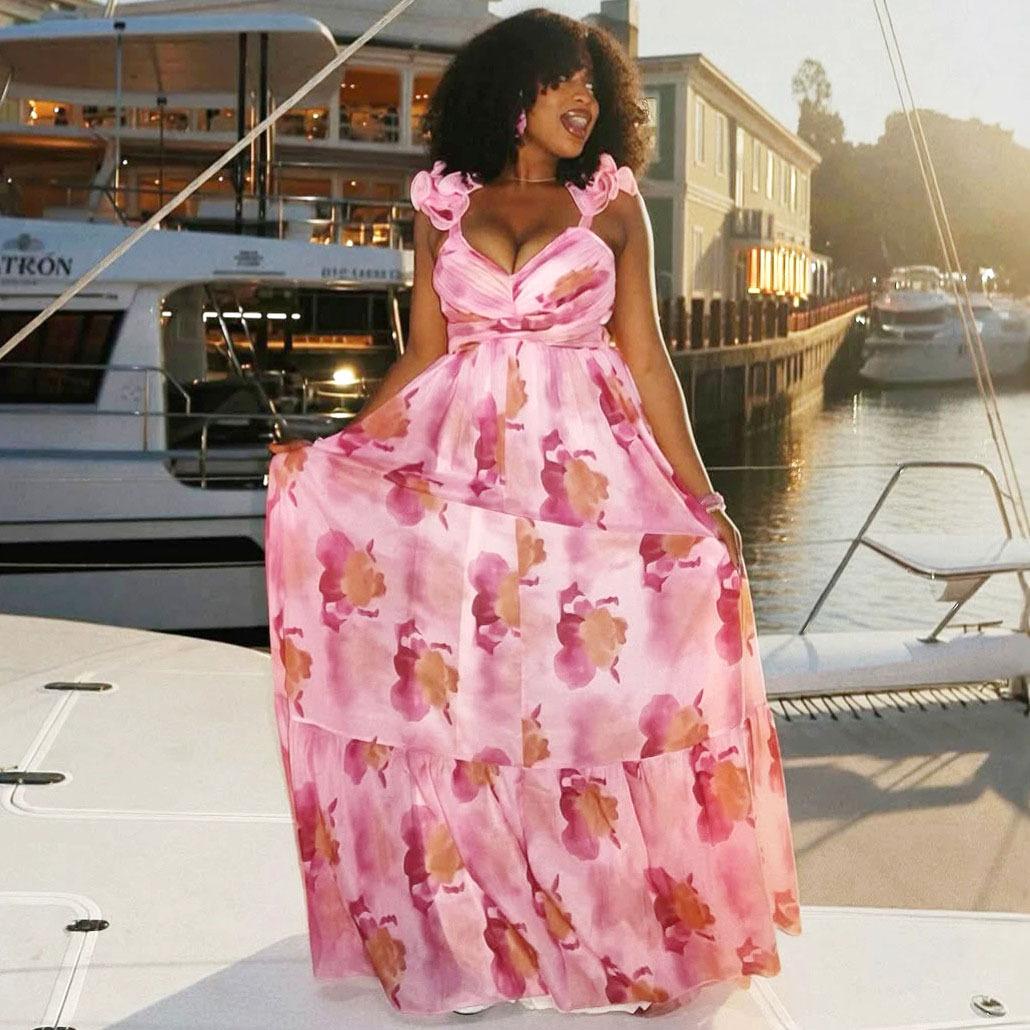 European and American style new women s clothing deep V-neck sexy backless suspender printed dress women s African temperament fashion long dress S