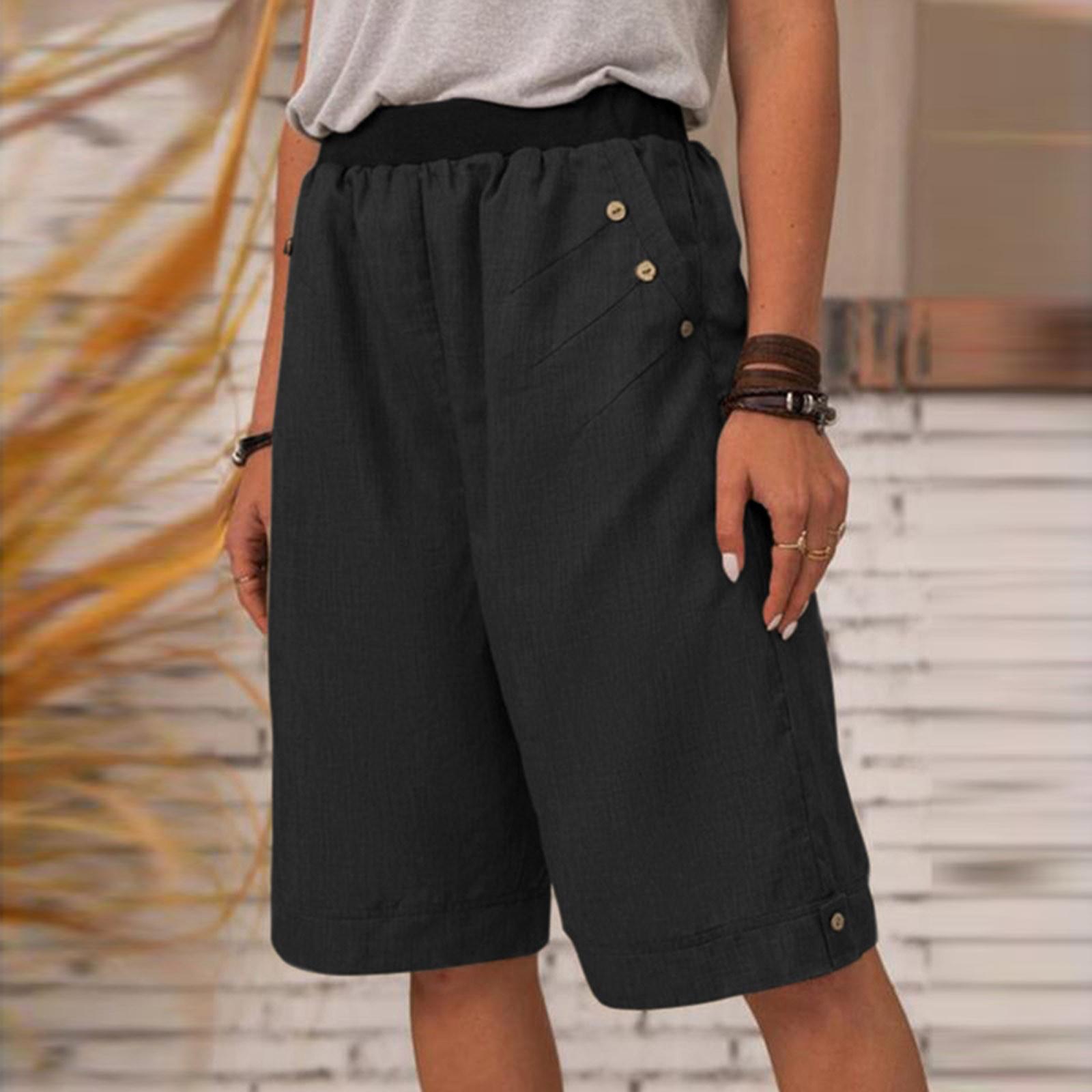 Women s Casual Pants Elastic Waist Straight-leg Pockets Summer Linen Shorts XL чёрный