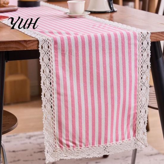 Entryway Table Runner Striped Runner, Lace Trim Cotton Linen for Dining Rustic Farmhouse Home Decor Boho