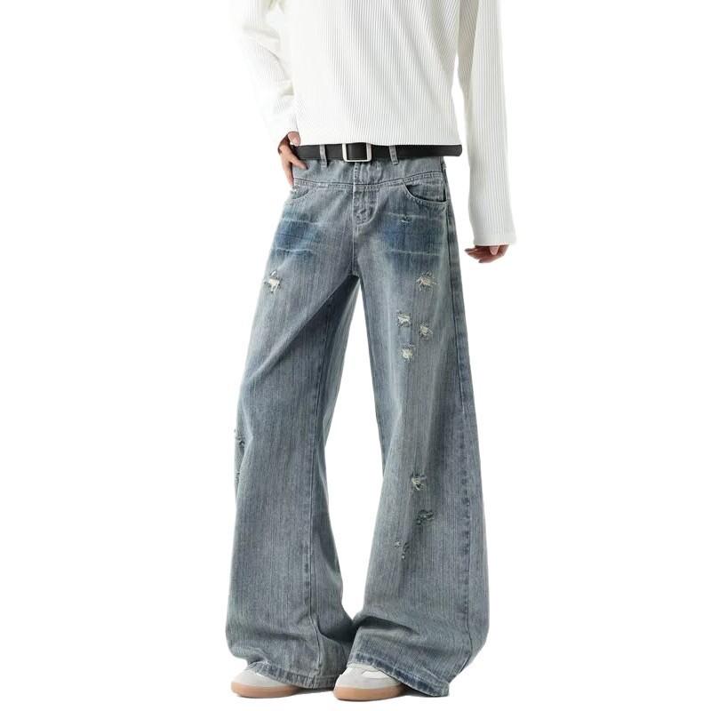 New retro blue wide-footed jeans for men and women, ripped bug bites, ripped holes, straight-up pocket pants