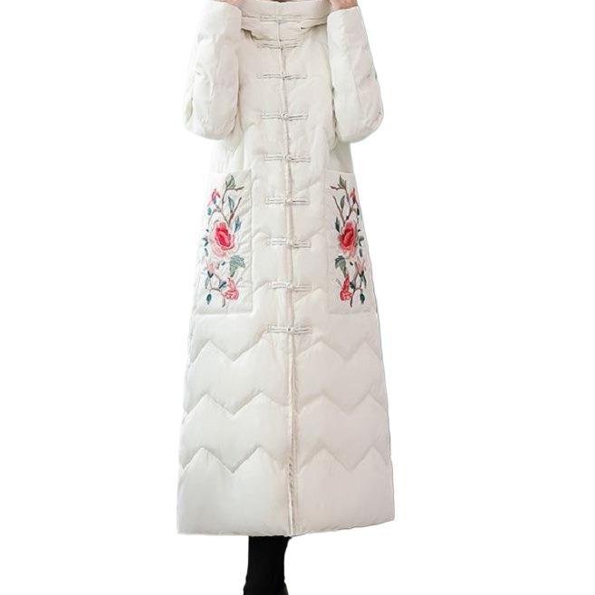 Mittellange und lange Baumwollgepolsterte Damenkleidung 2024 neue bestickte Kniepolsterjacken windgepolsterte Kleidung verdickte Winterkleidung schwarz