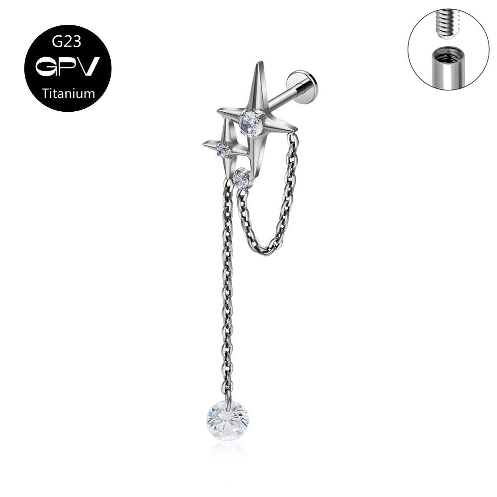 G23 F136 Titanium Star Ear Cartilage Nail Chain Pendant Cross 5A Zircon Earnail Women's Perforated Zircon