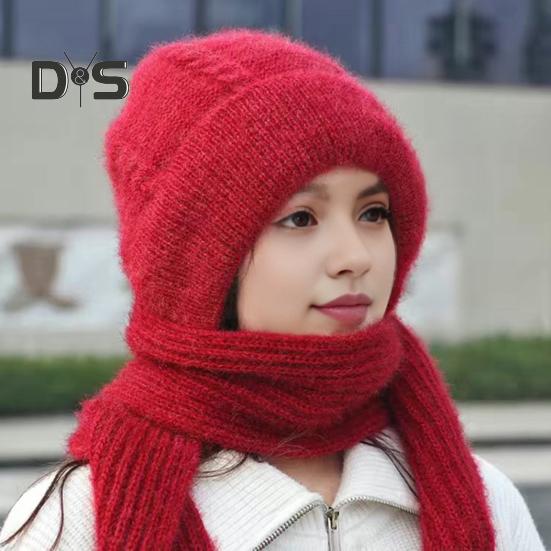 Pălărie de iarnă pentru femei cu eșarfă lungă integrată, groasă, tricotată, rezistentă la vânt, elasticitate ridicată, protecție completă, pentru călătorii în aer liber, șapcă vreme rece