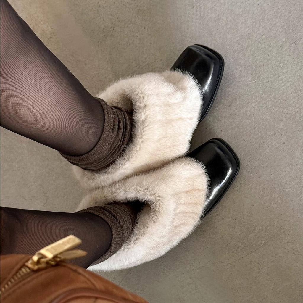 Thick heel square head gentle fluffy shoes female winter new French style with skirt fairy temperament velvet warm cotton shoes