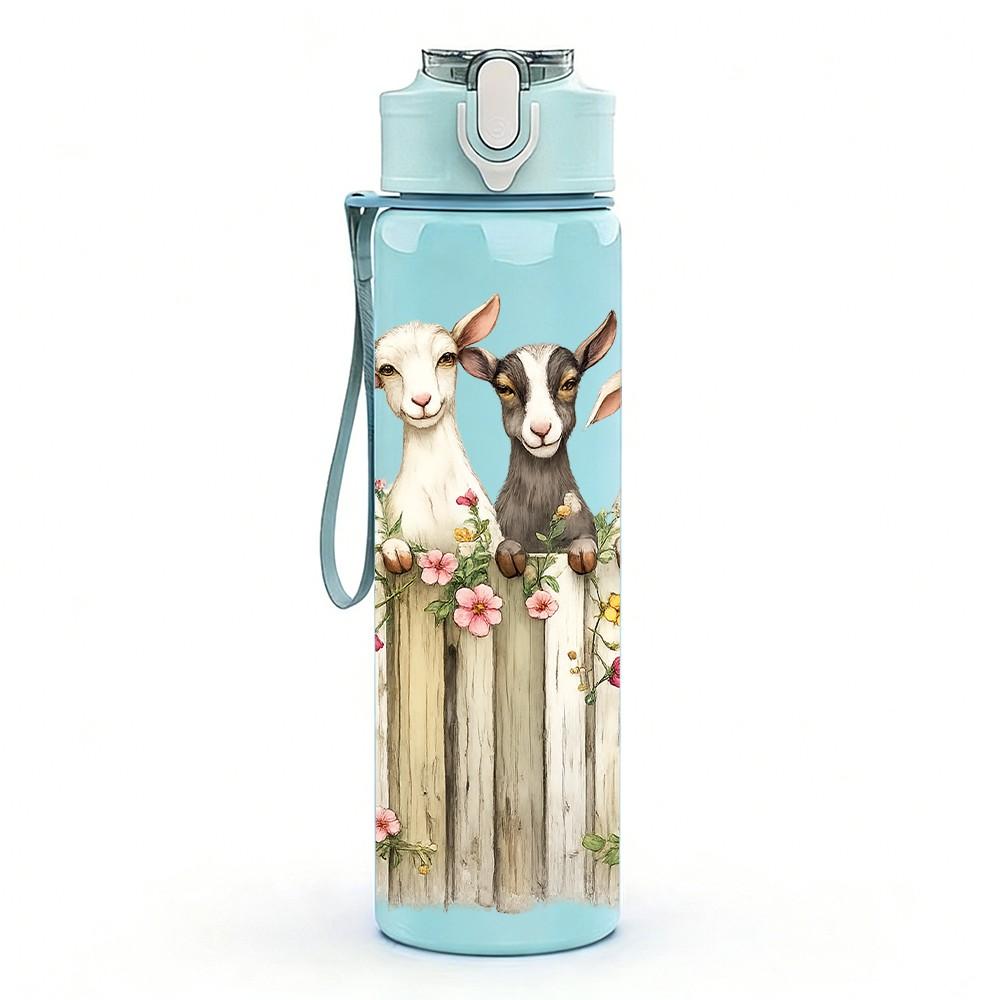 1PC Farm Goat Sheep Wooden Fence Scene Print 750ml Color Plastic Sports Water Bottle Leakproof Flip Straw Lid Suitable for Sports Office Home Use