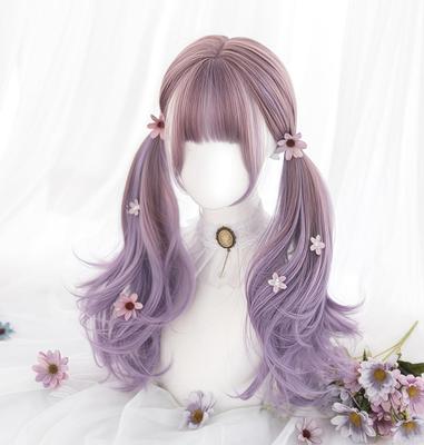 RyuuCos Lolita Lange Lockige Zwillings-Lila Perücke mit Tapioka-Lila Hitzeschule Kulturfestival Perücke, Haar, Schwanz, Farbverlauf, Resistent, Cosplay, Verkleidung,