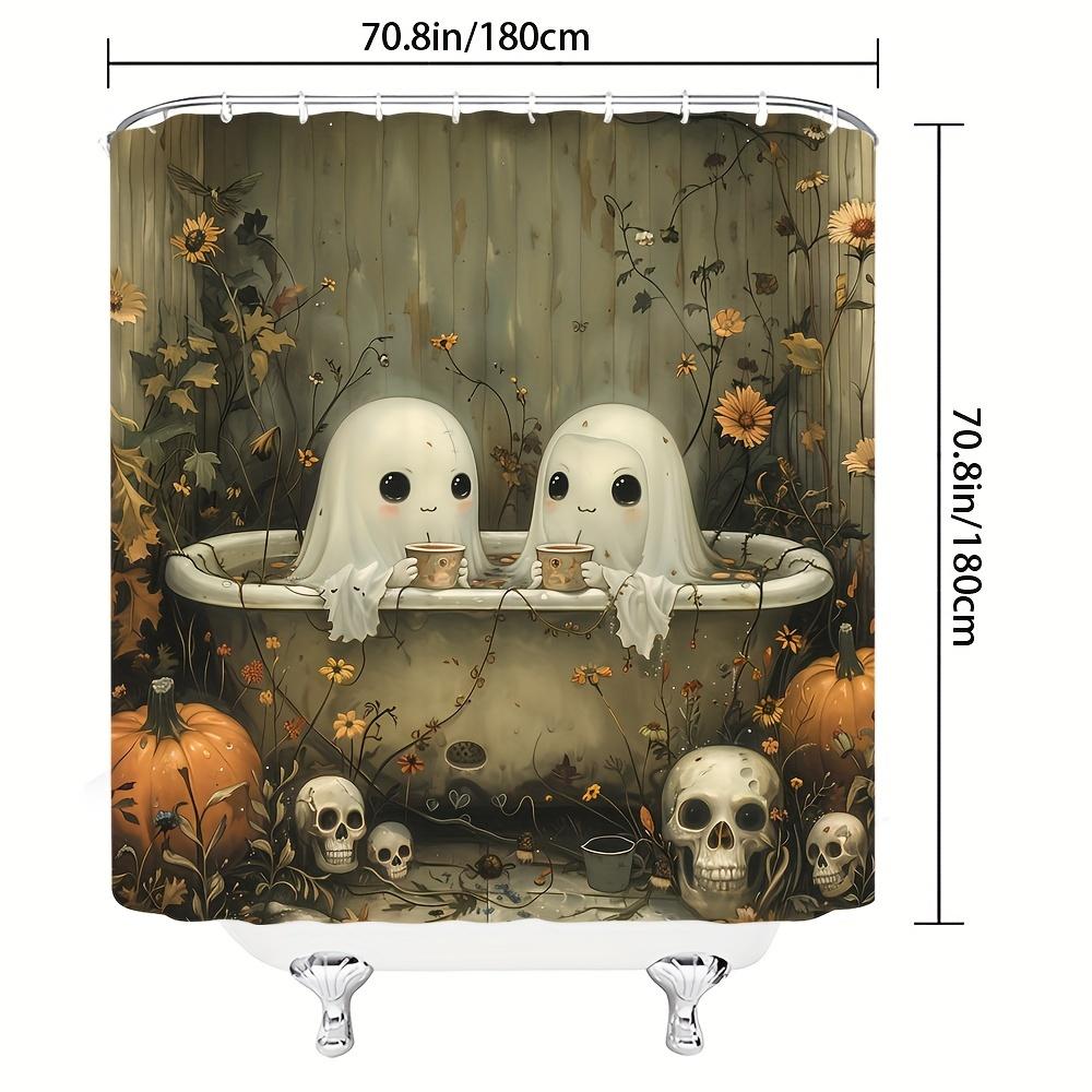Halloween Shower Curtain Fun Ghost Floral Vines Skull Horror Theme Polyester Washable with Hooks Novelty Bath Decor