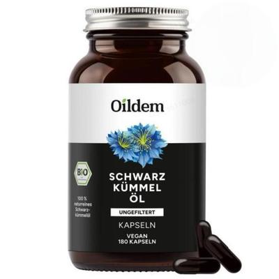 Cápsulas de Aceite de Semilla Negra Orgánico Oildem Vegano (SIN FILTRAR), (Procesamiento sin calor)