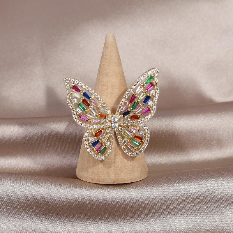 14K Real Gold Plating Korean New Design Fashion Exaggerated Butterfly Color Zircon Ring Luxury Women's Prom Party Accessories