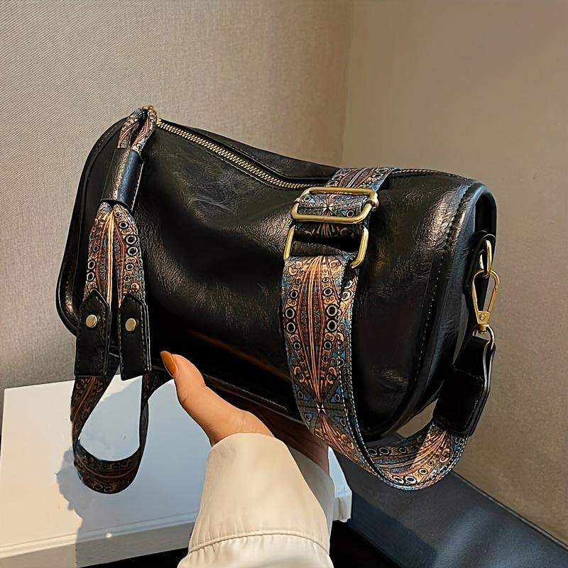 Graphic Pattern Zipper Crossbody Bag, Stylish Shoulder Bag With Wide Strap, Large Capacity Daily Purse