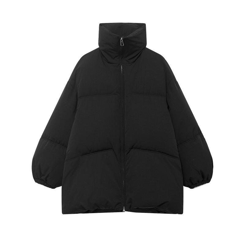 2025 European Style Winter Cotton Jacket with Stand Collar and Zipper, Loose Fit, Two-Tone Design M чёрный