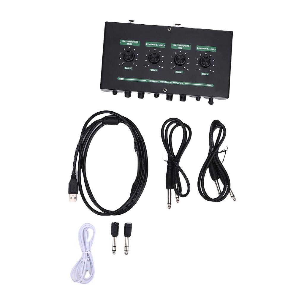 2 Channel Microphone Sound Interface Amplifier with Reverb 2 Input 48V Phantom Power Rechargeable Compact Design for