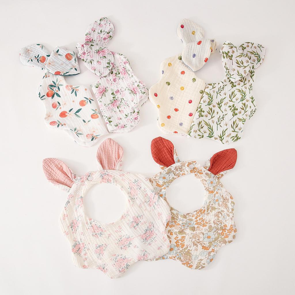 Baby Cotton Crepe Gauze Bibs Cute Rabbit Ear Wavy Edge Saliva Towel Newborn Drool Burp Cloth Soft Absorbent Neck Bib