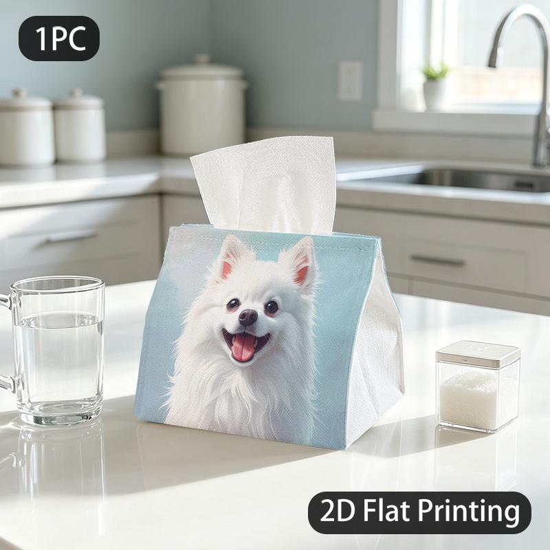 1pc Tissue Box, Gentle Art Fluffy White Joyful Dog Pattern, 2D Flat Printing, Crafted with Strong Polyester, Strong And Firm, Tissue Dispenser, for Ho