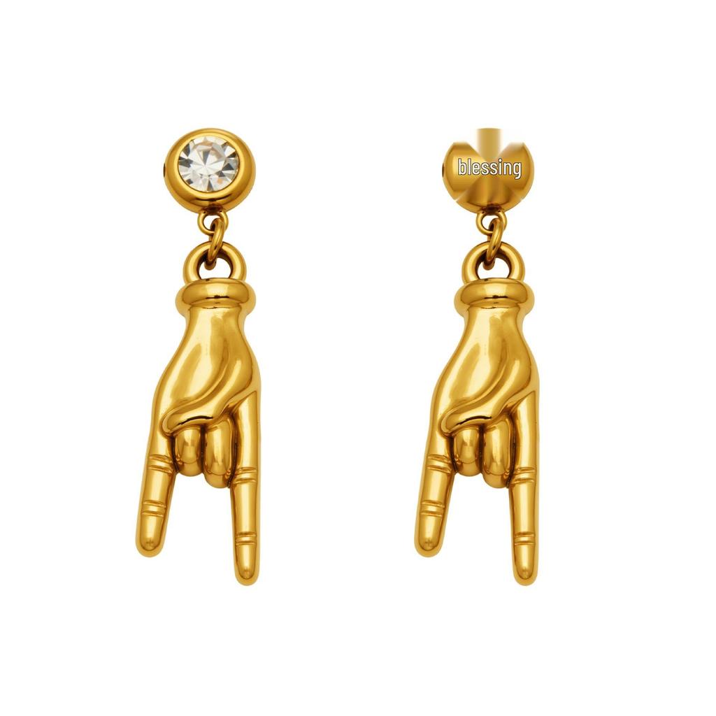 18k Gold-Plated Rock Hand Dangle Earrings with Inlaid Zirconia